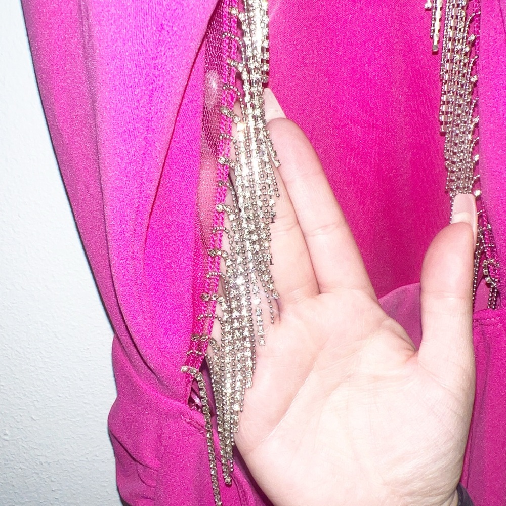 Sincerely Jules hot pink glitter fringe open back high neck mini dress - Picture 7 of 13